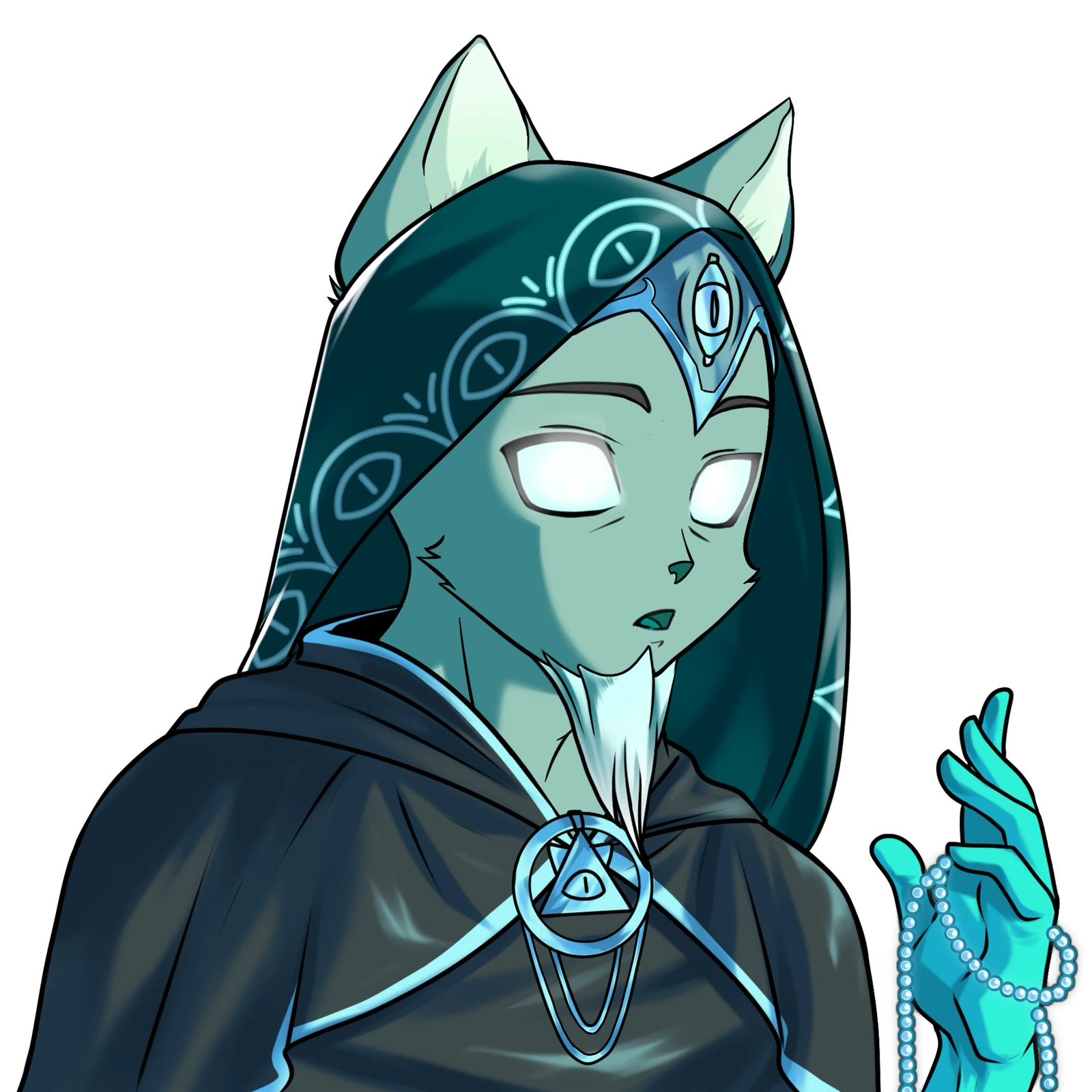 A hooded silhouette and illuminated eyes.