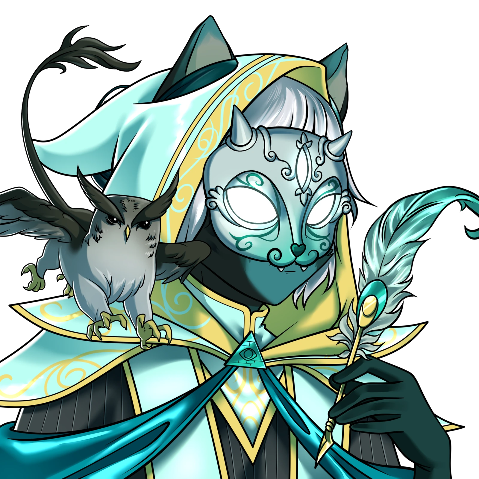 School of Catbal / A masked scholar, an owl and a feather.