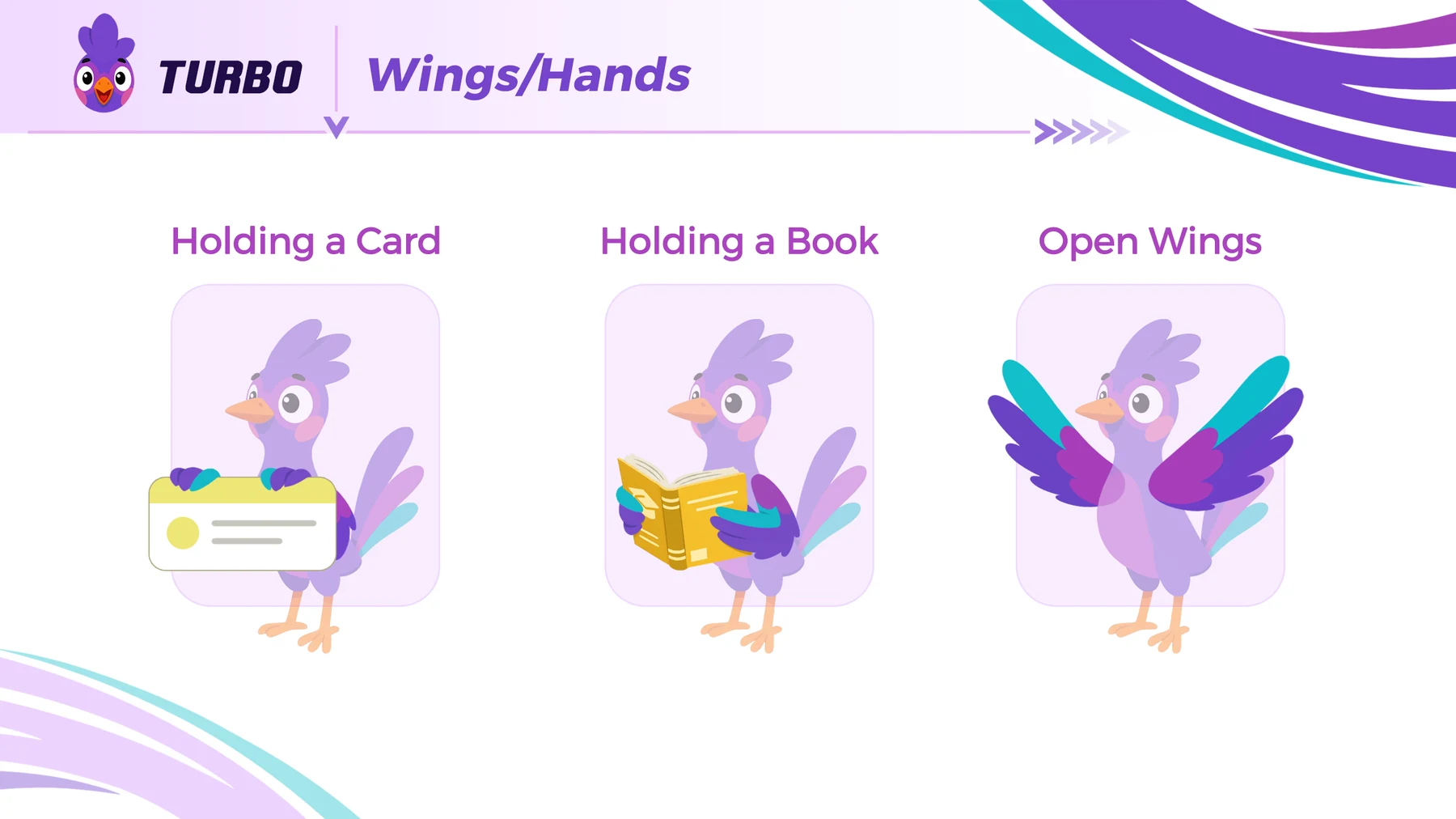Wings as hands / Holding a card, holding a book and opening the wings.